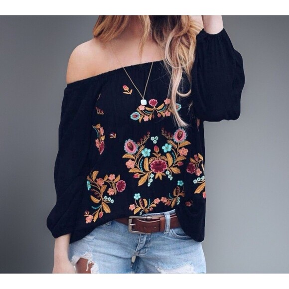 Unbranded Blk W/ Embroidery Pullover Cotton Blend Peasant Blouse Sz L-XL - Picture 11 of 11